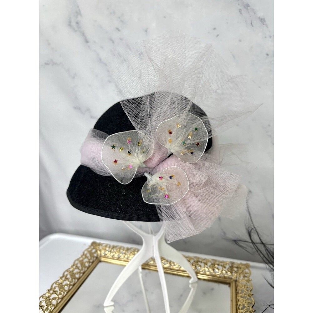 Vintage 1950s 60s Woven Cloche Hat Pink Tulle Bow Star Cocktail Fascinator MCM - Picture 2 of 14